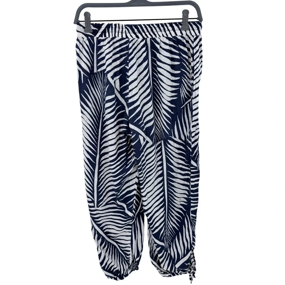 Kuana Jack Navy White Tropical Palm Leaf‎ Linen Blend Jogger Pants Small